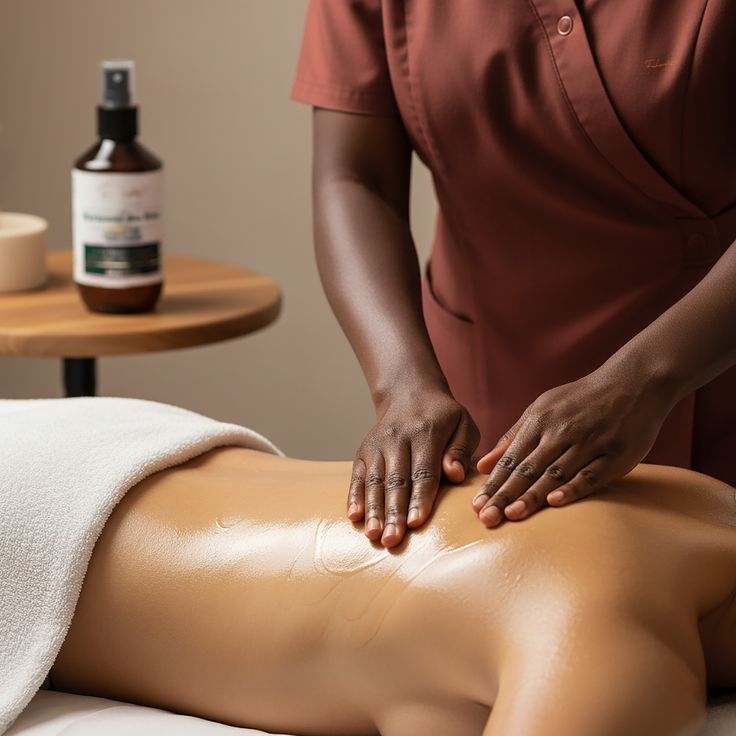 Professional massage therapist performing a back massage with warm oils