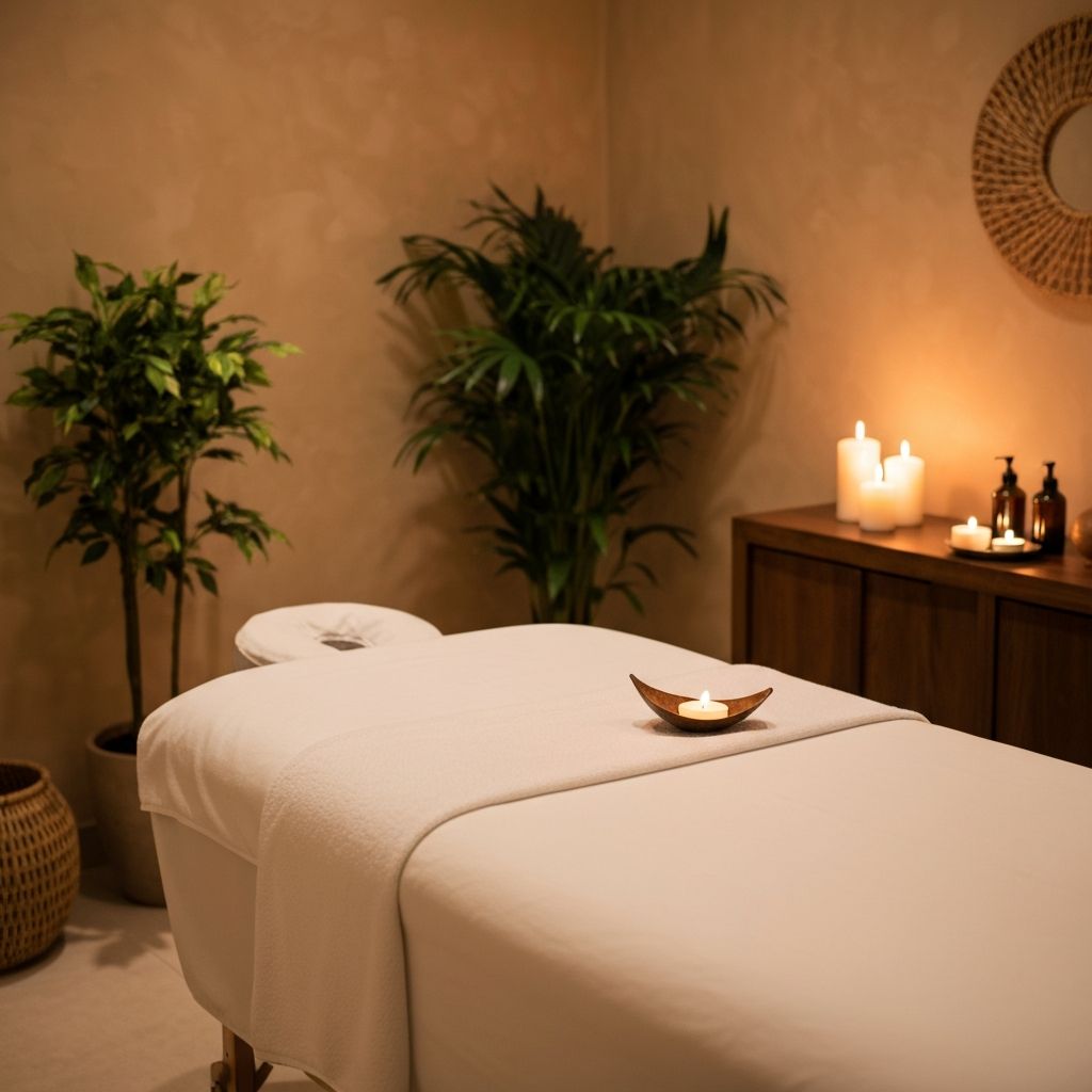 Calm spa environment with massage table, candles and essential oils